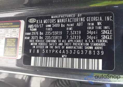 2018 Kia Sorento 3.3L Sx из США, поврежденный, VIN 5XYPK4A53JG378139